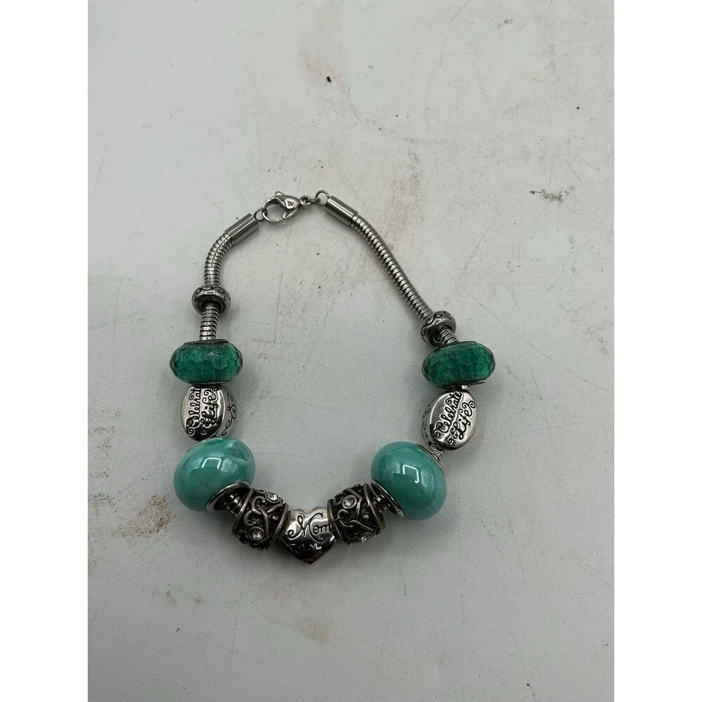 Mom Celebrate Life Green Aqua European Charm Bracelet Glass Beads 8”